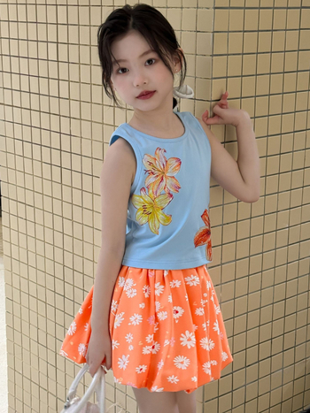 Kislányoknak készült kétrészes pamutból készült virágmintás ujjatlan top és szoknya szett, nyár 2025, 3–8 éveseknek, 95% pamut