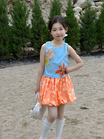 Kislányoknak készült kétrészes pamutból készült virágmintás ujjatlan top és szoknya szett, nyár 2025, 3–8 éveseknek, 95% pamut