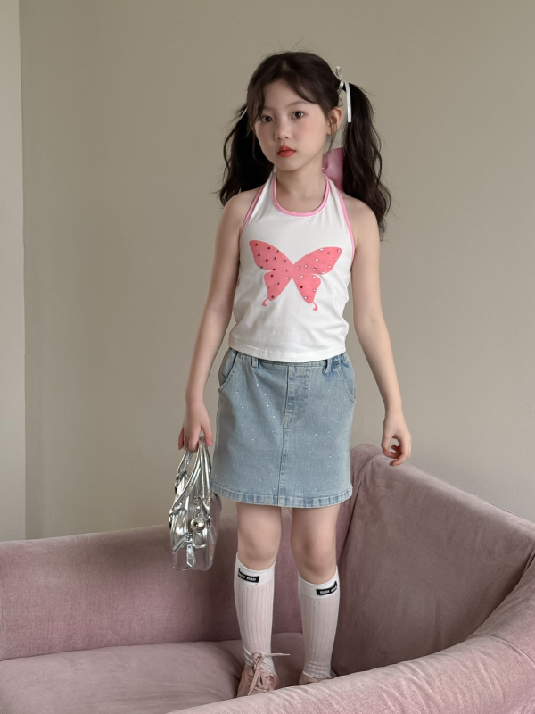 Fustă din denim, stil coreean pentru copii; croială slim; bumbac 50–70%; vara 2025; fete între 3 și 8 ani