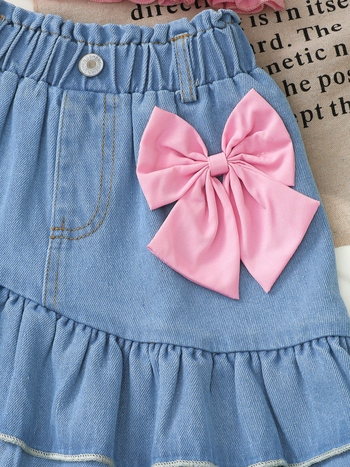 Két darabos lányoknak készlet, európai–amerikai stílus, poliészter felső és denim szoknya pillangó díszítéssel