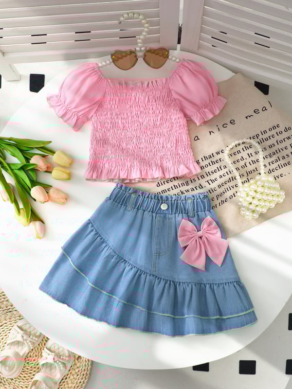 Két darabos lányoknak készlet, európai–amerikai stílus, poliészter felső és denim szoknya pillangó díszítéssel