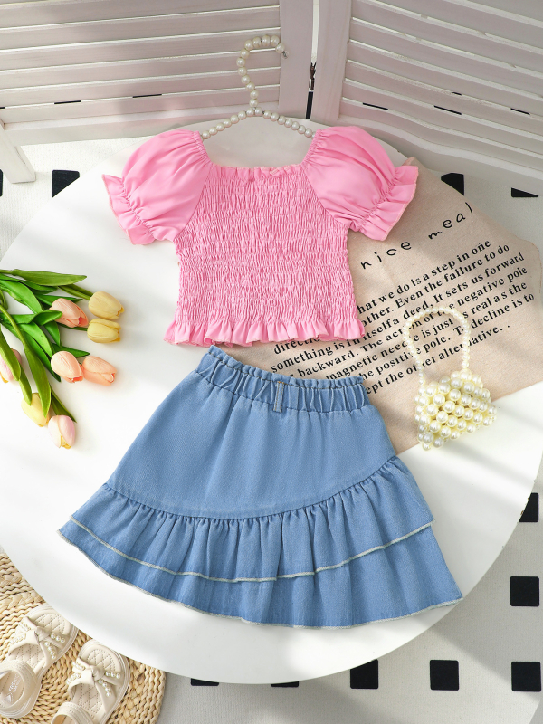 Két darabos lányoknak készlet, európai–amerikai stílus, poliészter felső és denim szoknya pillangó díszítéssel