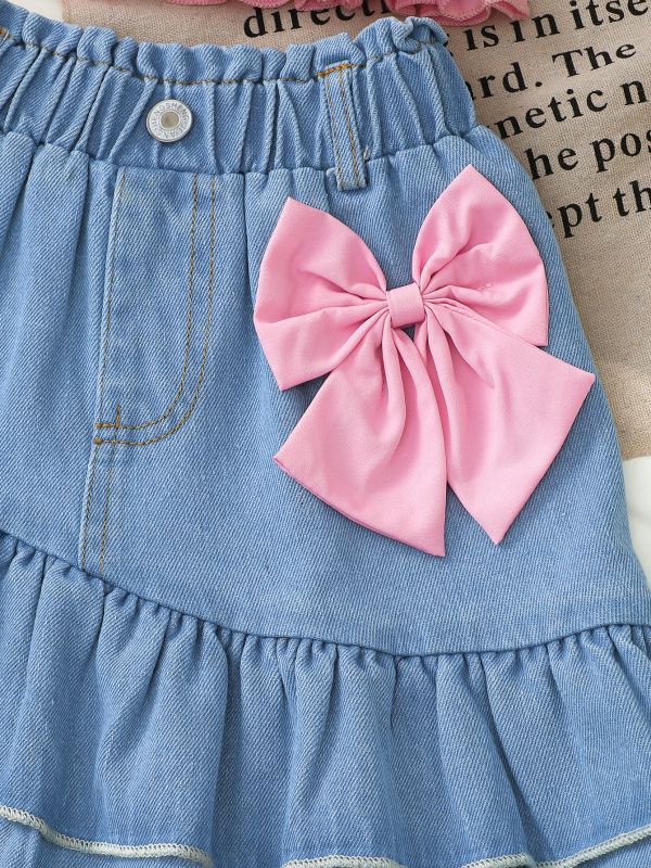 Két darabos lányoknak készlet, európai–amerikai stílus, poliészter felső és denim szoknya pillangó díszítéssel