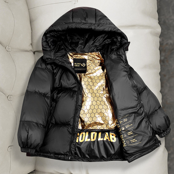 Gyerekeknek való pehelydzseki - Koreai stílus, tollal töltött, téli szezon, rövid fazon, laza szabás