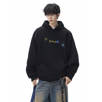 Hanorac din bumbac cu broderie, croială lejeră, buzunare laterale, pentru bărbați, toamnă 2025