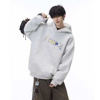 Hanorac din bumbac cu broderie, croială lejeră, buzunare laterale, pentru bărbați, toamnă 2025