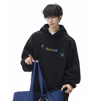 Hanorac din bumbac cu broderie, croială lejeră, buzunare laterale, pentru bărbați, toamnă 2025