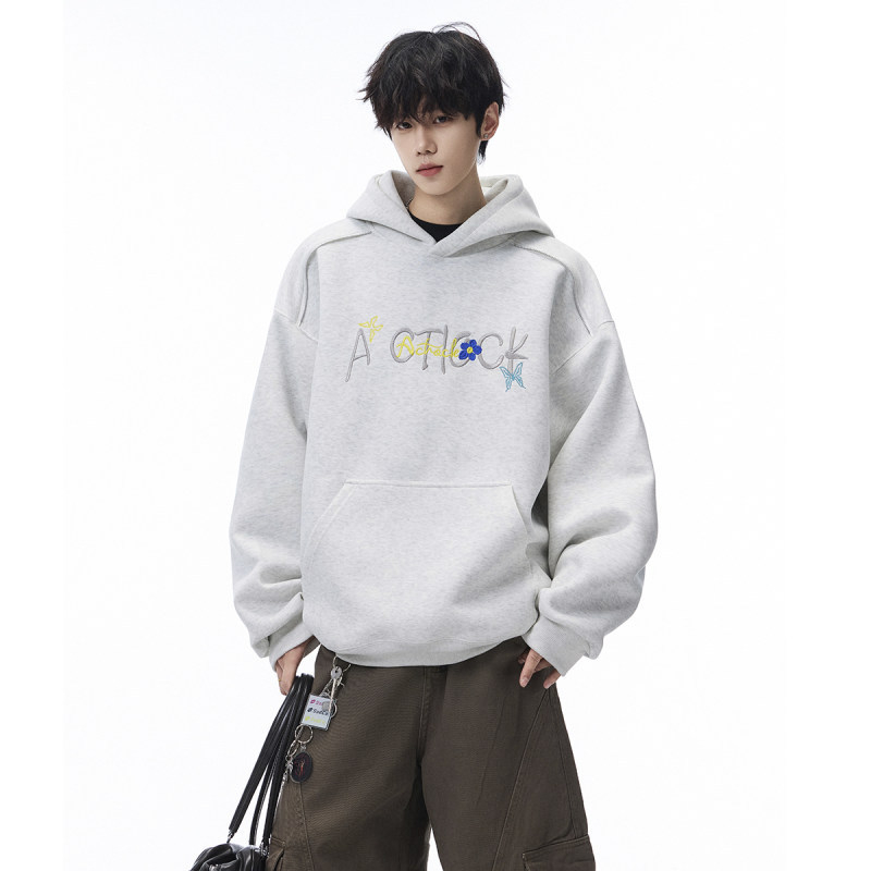 Hanorac din bumbac cu broderie, croială lejeră, buzunare laterale, pentru bărbați, toamnă 2025