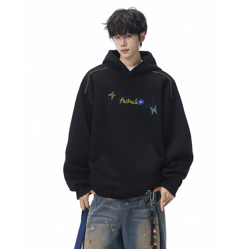 Hanorac din bumbac cu broderie, croială lejeră, buzunare laterale, pentru bărbați, toamnă 2025