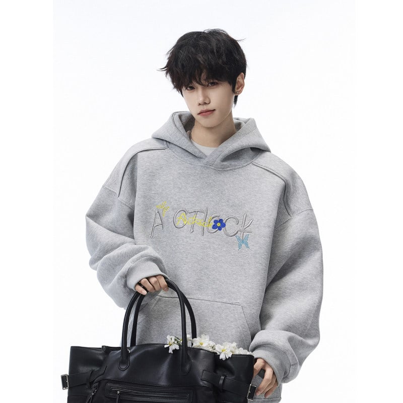 Hanorac din bumbac cu broderie, croială lejeră, buzunare laterale, pentru bărbați, toamnă 2025