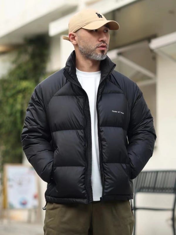 Мъжко пухено яке с пълнеж White Duck Down, 50% пух, стояща яка, средна дължина (65–80 cm), цип за закопчаване