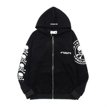 Hanorac cu glugă și fermoar, imprimeu craniu, din amestec de bumbac, croi lejer