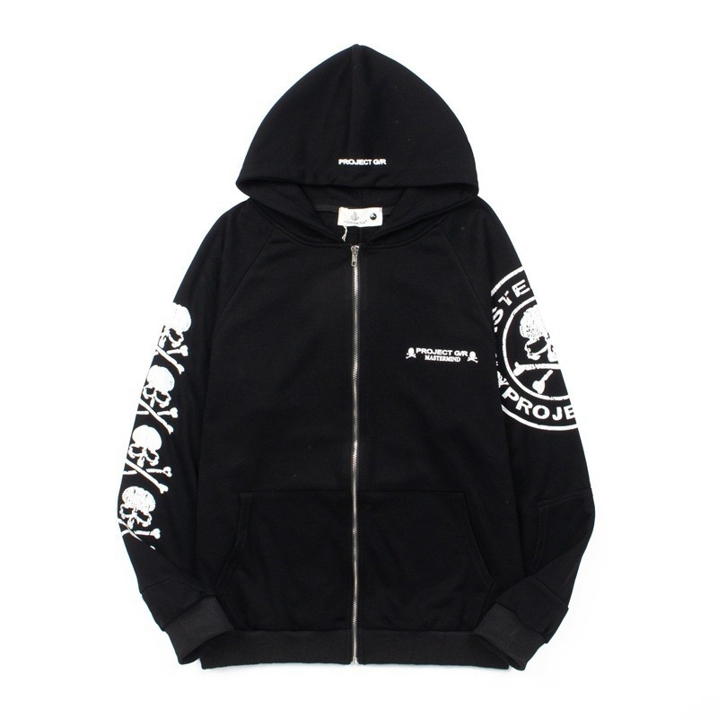 Hanorac cu glugă și fermoar, imprimeu craniu, din amestec de bumbac, croi lejer