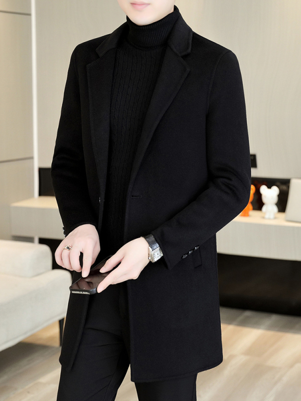 Dvipusis vilnonių vyriškas paltas, vidutinio ilgio, corduroy audinys, laisvas kirpimas, vienos eilės užsegimas, kostiumo apykaklė