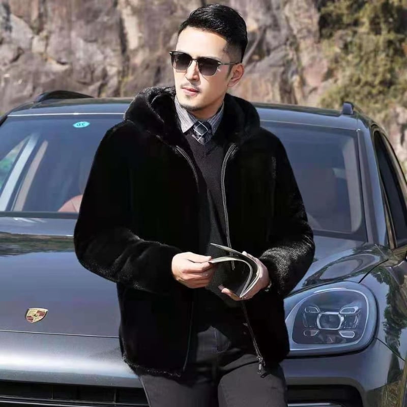 Мъжко палто от изкуствен косъм, имитация Mink, с качулка, британски стил, дължина 50–65 cm, закопчаване с цип, джобове с цип, право изделие