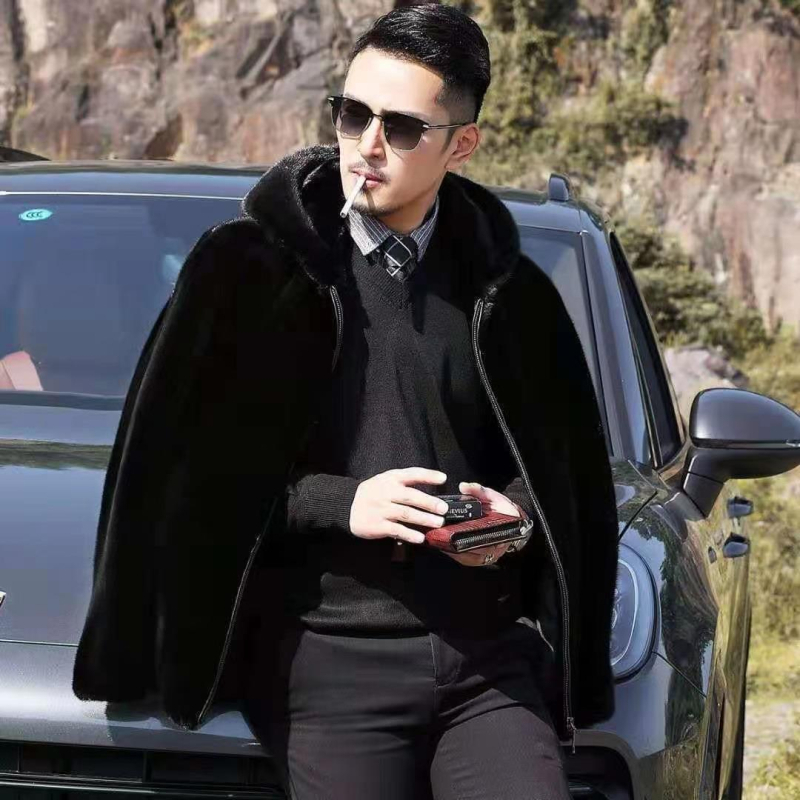 Мъжко палто от изкуствен косъм, имитация Mink, с качулка, британски стил, дължина 50–65 cm, закопчаване с цип, джобове с цип, право изделие