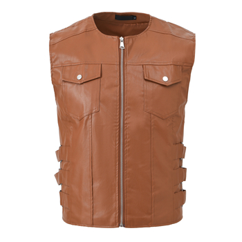 Ανδρικό γιλέκο από συνθετικό δέρμα - Κορεατικό στυλ, εφαρμοστό, με μονή σειρά κουμπιών, χωρίς γιακά, patch τσέπες
