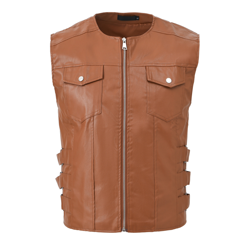 Ανδρικό γιλέκο από συνθετικό δέρμα - Κορεατικό στυλ, εφαρμοστό, με μονή σειρά κουμπιών, χωρίς γιακά, patch τσέπες