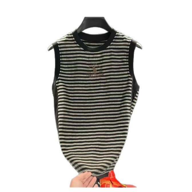 Мъжки безръкав потник от полиестер с райета — свободна кройка, лято