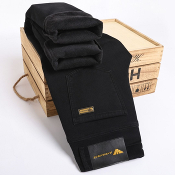 Мъжки дънкови дънки с подплата от флийс, прави крачоли, средна талия, цип.