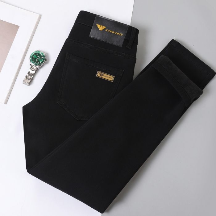 Мъжки дънкови дънки с подплата от флийс, прави крачоли, средна талия, цип.