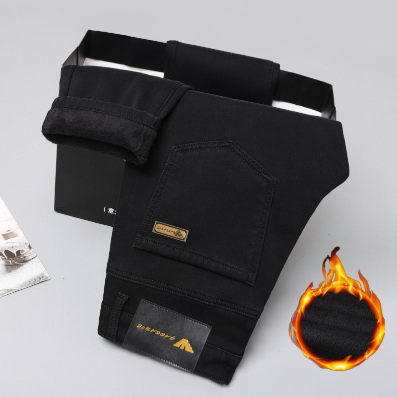 Мъжки дънкови дънки с подплата от флийс, прави крачоли, средна талия, цип.