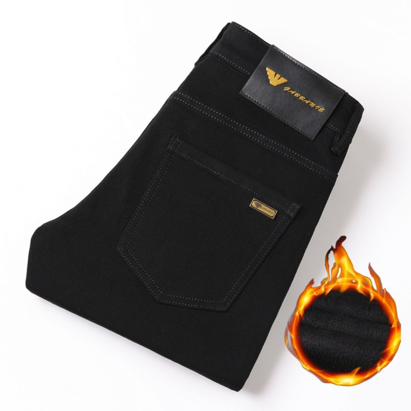 Мъжки дънкови дънки с подплата от флийс, прави крачоли, средна талия, цип.