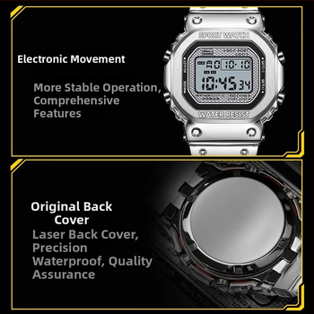 Ceas digital pătrat cu lampă de ridicare a mâinii, rezistent la apă 30M, curea din oțel inoxidabil, 44×34 mm