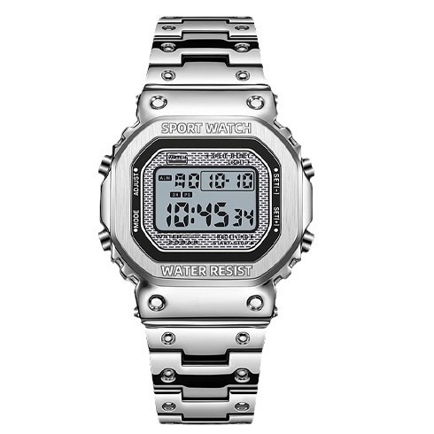 Ceas digital pătrat cu lampă de ridicare a mâinii, rezistent la apă 30M, curea din oțel inoxidabil, 44×34 mm