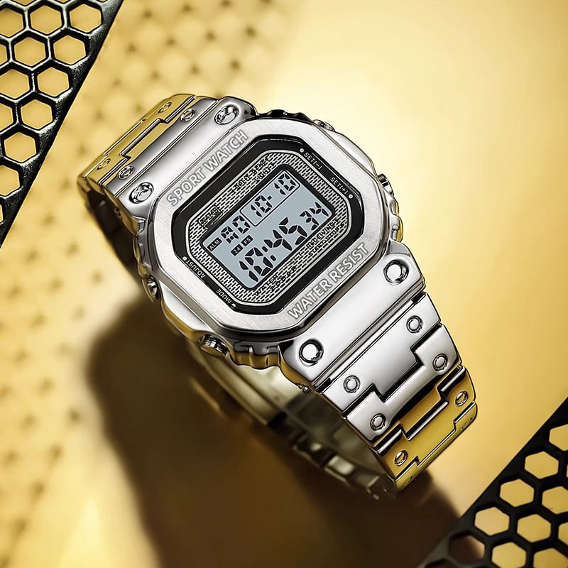 Ceas digital pătrat cu lampă de ridicare a mâinii, rezistent la apă 30M, curea din oțel inoxidabil, 44×34 mm