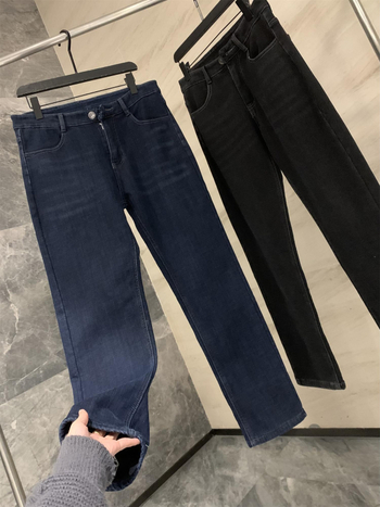 Muške farmerice s ravnim krojem, unutarnji flis, pamuk denim, zip zatvarač, niski struk