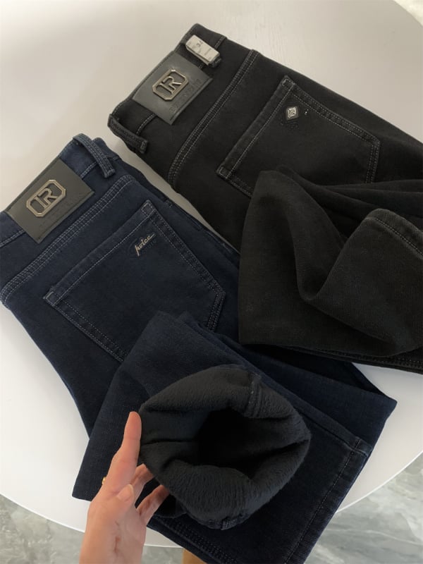 Muške farmerice s ravnim krojem, unutarnji flis, pamuk denim, zip zatvarač, niski struk