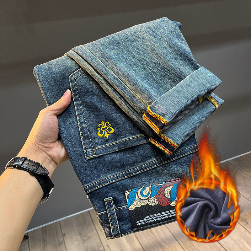 Мъжки дънки с подплата от флис, деним, tapered кройка, средна талия, зимна колекция 2025, микроеластични