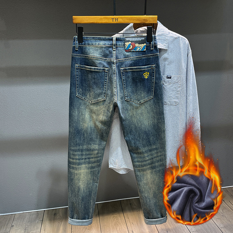 Мъжки дънки с подплата от флис, деним, tapered кройка, средна талия, зимна колекция 2025, микроеластични