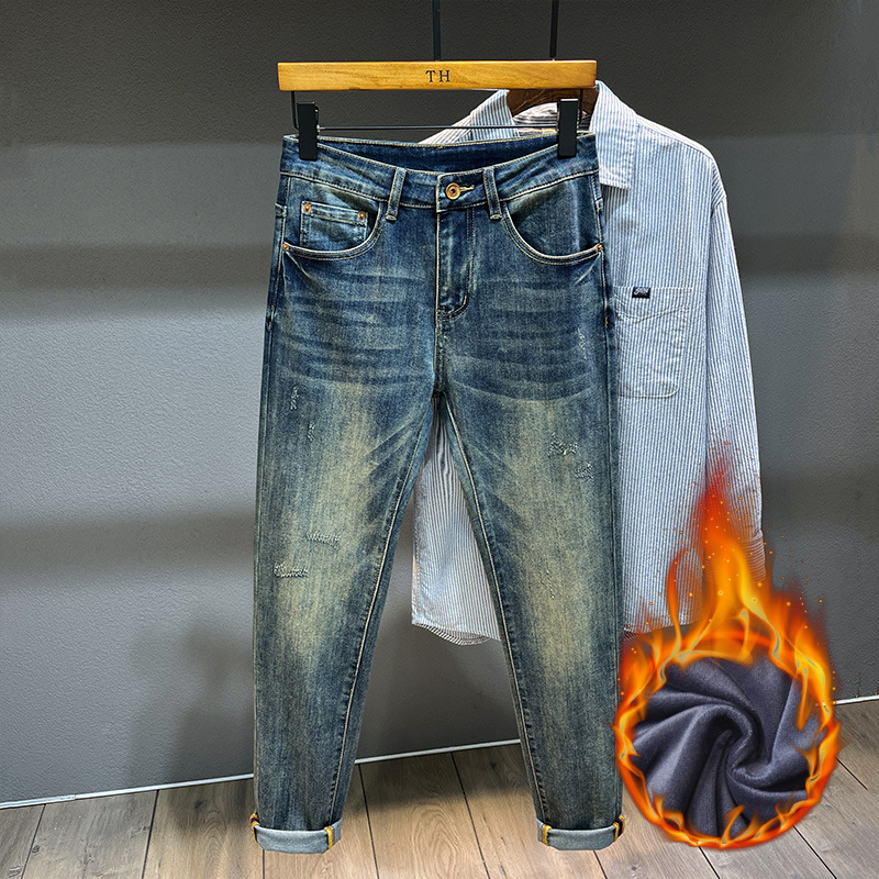 Мъжки дънки с подплата от флис, деним, tapered кройка, средна талия, зимна колекция 2025, микроеластични