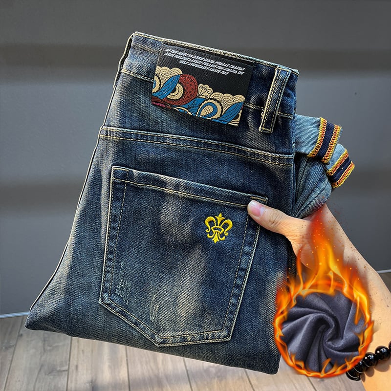 Мъжки дънки с подплата от флис, деним, tapered кройка, средна талия, зимна колекция 2025, микроеластични