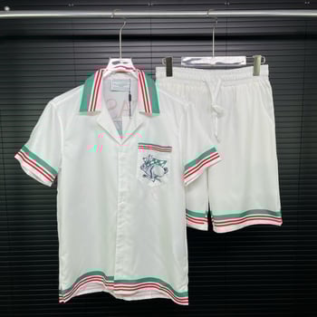 Férfi nyári rövidujjú ing és rövidnadrág szett, blokkos csíkos mintázat, laza szabás, lélegző anyag