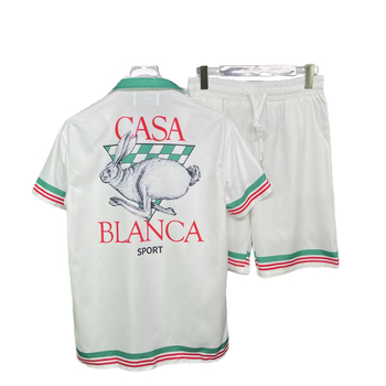 Férfi nyári rövidujjú ing és rövidnadrág szett, blokkos csíkos mintázat, laza szabás, lélegző anyag