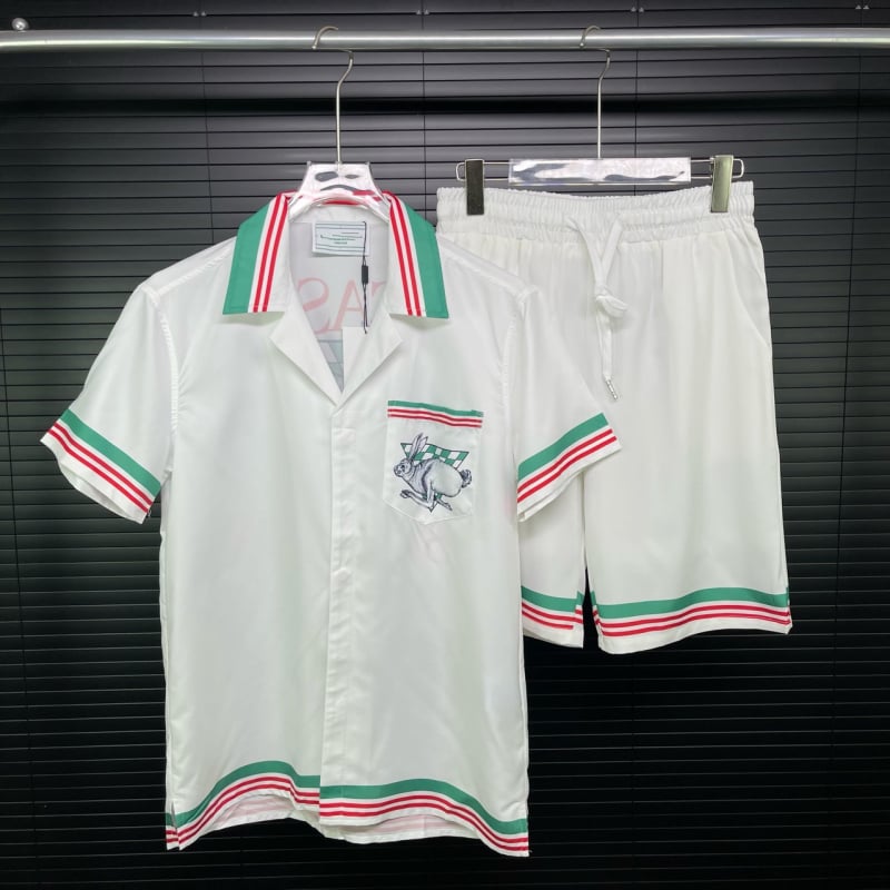 Férfi nyári rövidujjú ing és rövidnadrág szett, blokkos csíkos mintázat, laza szabás, lélegző anyag