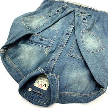 Férfi denim ingkabát, kardigán-stílusú, gallérral, hosszú ujjú, laza szabású, egyszínű mintázat, poliészter alapanyag