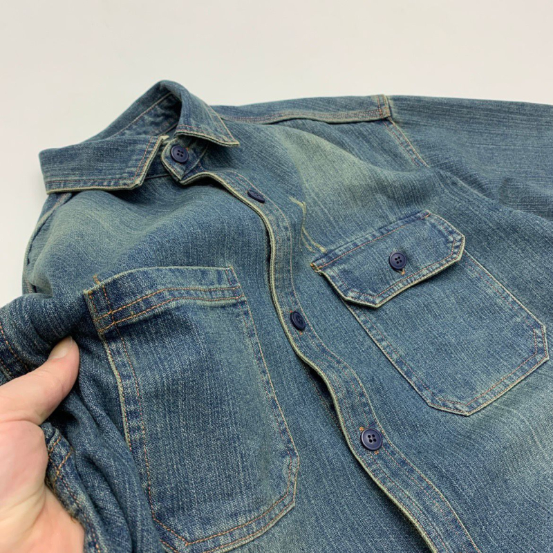 Férfi denim ingkabát, kardigán-stílusú, gallérral, hosszú ujjú, laza szabású, egyszínű mintázat, poliészter alapanyag