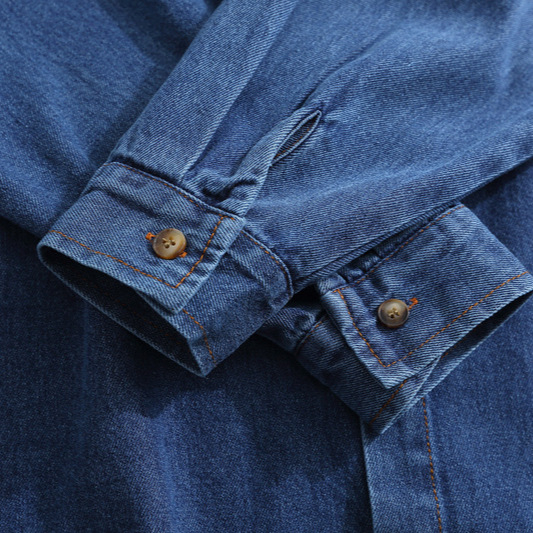 Dzsín-öltözetű ing macska hímzéssel – bő szabású, gallér, hosszú ujjú, pamut anyag, kreatív karikatúra mintázat