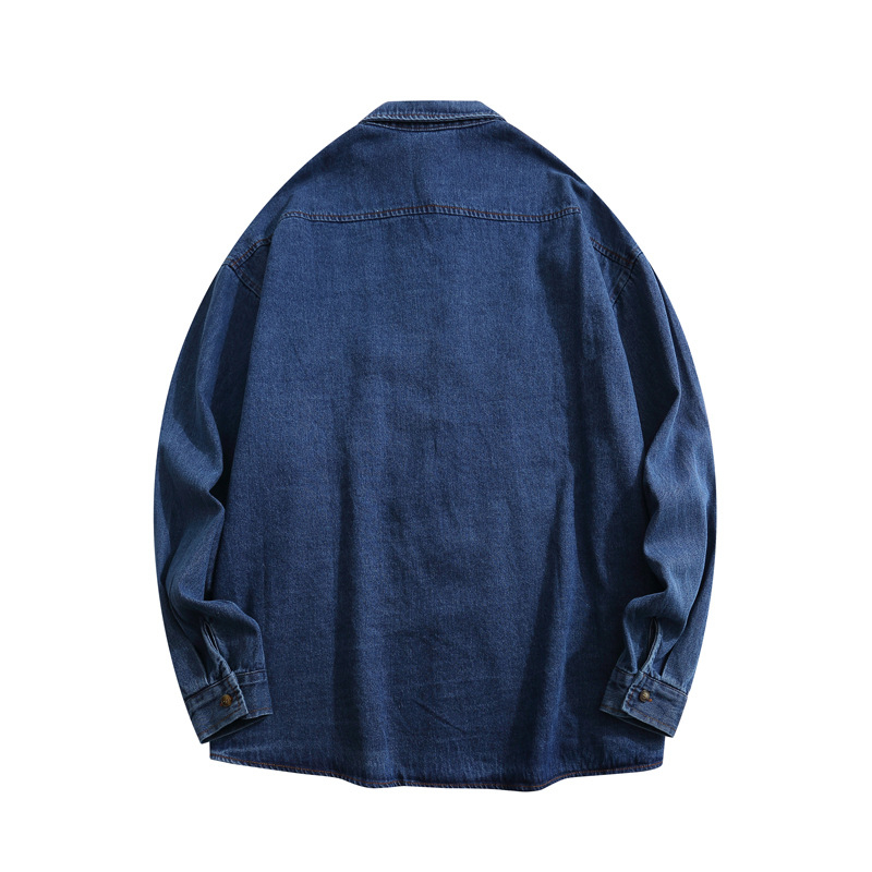 Dzsín-öltözetű ing macska hímzéssel – bő szabású, gallér, hosszú ujjú, pamut anyag, kreatív karikatúra mintázat