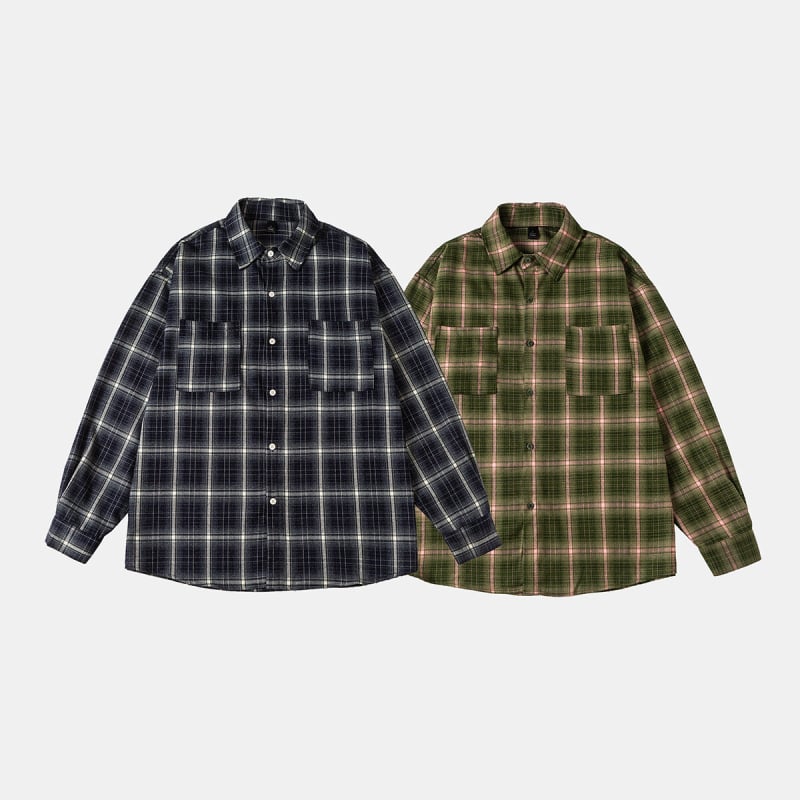 Férfi ing amerikai retro stílusú kockás mintával, hosszú ujjú, bő szabás, pamut-poliészter keverék