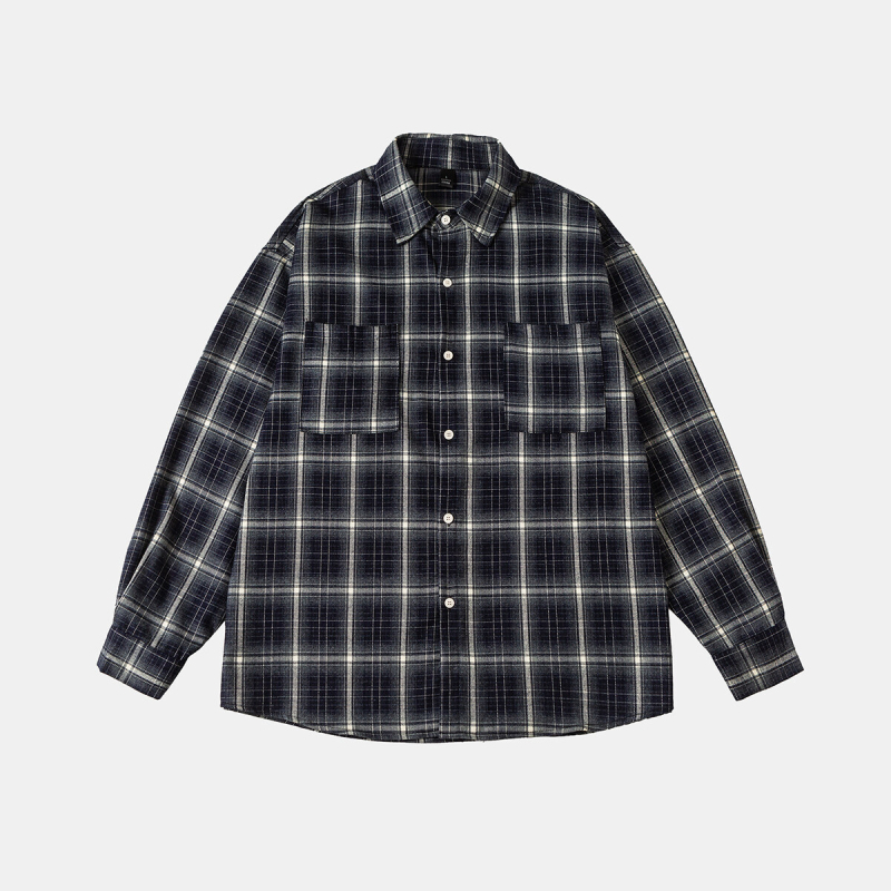 Férfi ing amerikai retro stílusú kockás mintával, hosszú ujjú, bő szabás, pamut-poliészter keverék