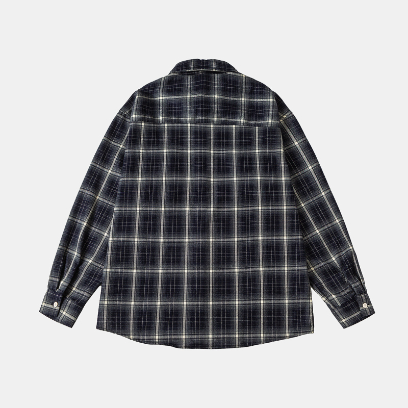 Férfi ing amerikai retro stílusú kockás mintával, hosszú ujjú, bő szabás, pamut-poliészter keverék