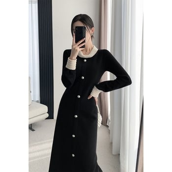 Дълга плетена рокля с висока яка, А‑линия силует, патчворк стил и елегантен дизайн, памучно-полиестрова смес