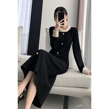 Дълга плетена рокля с висока яка, А‑линия силует, патчворк стил и елегантен дизайн, памучно-полиестрова смес