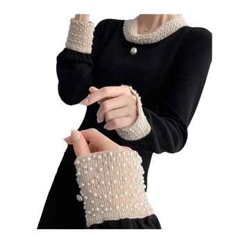 Дълга плетена рокля с висока яка, А‑линия силует, патчворк стил и елегантен дизайн, памучно-полиестрова смес