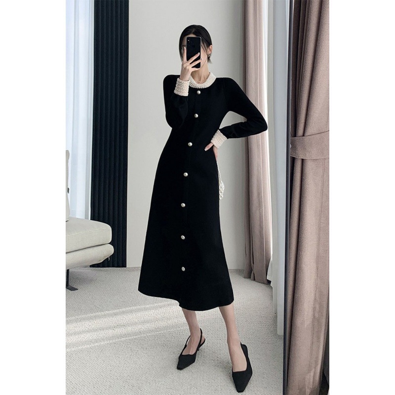 Дълга плетена рокля с висока яка, А‑линия силует, патчворк стил и елегантен дизайн, памучно-полиестрова смес